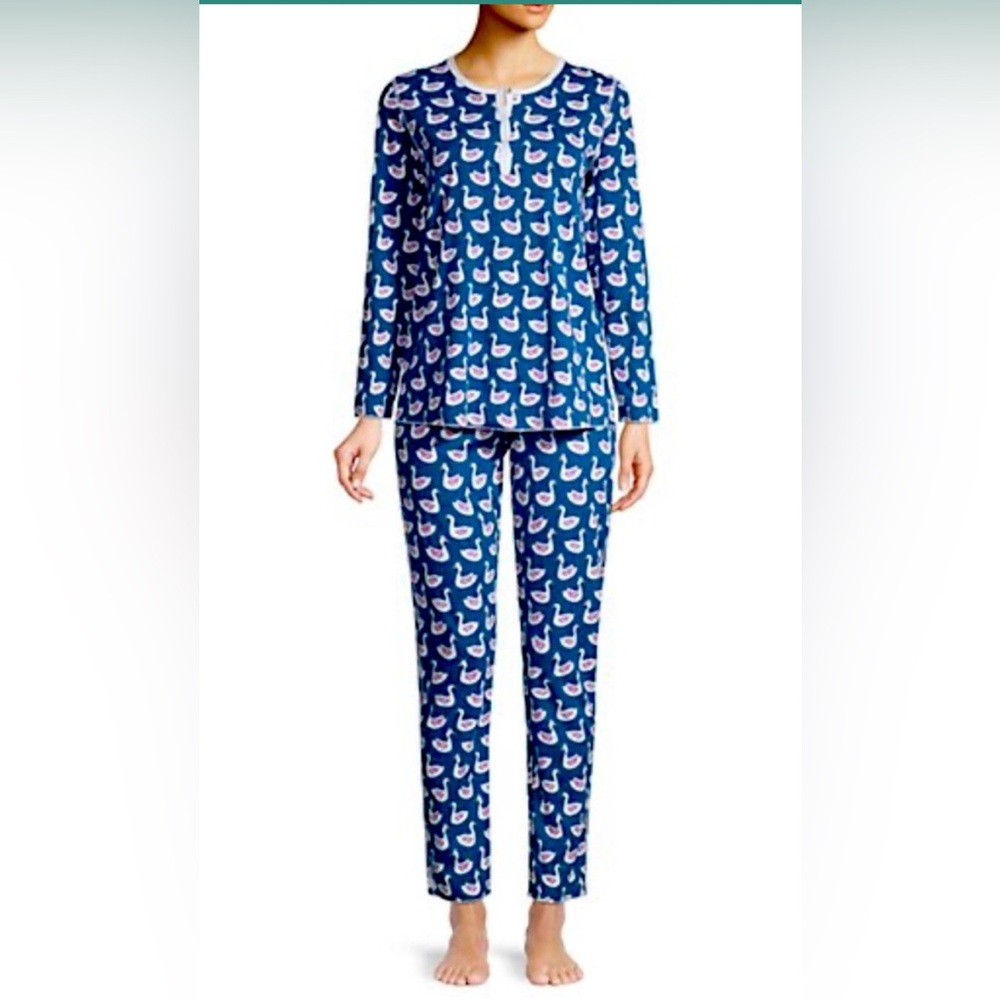 Roller Rabbit Swan Print Pajama‎ Set Size XS Pima Cotton Navy Blue